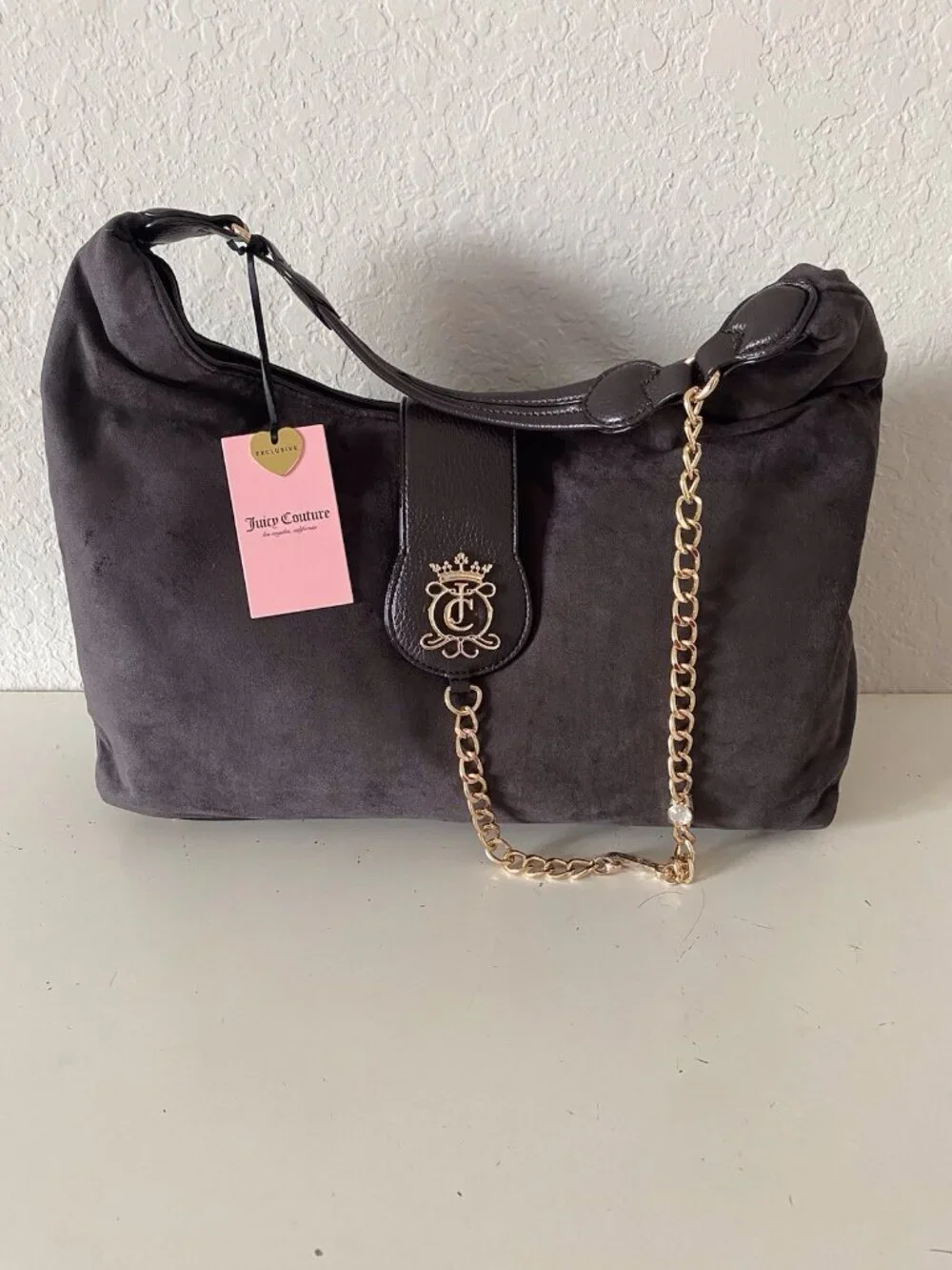 Juicy Couture Juicy Royal Crest Large Hobo Coho Chocolate Suede W/Chain VIRAL